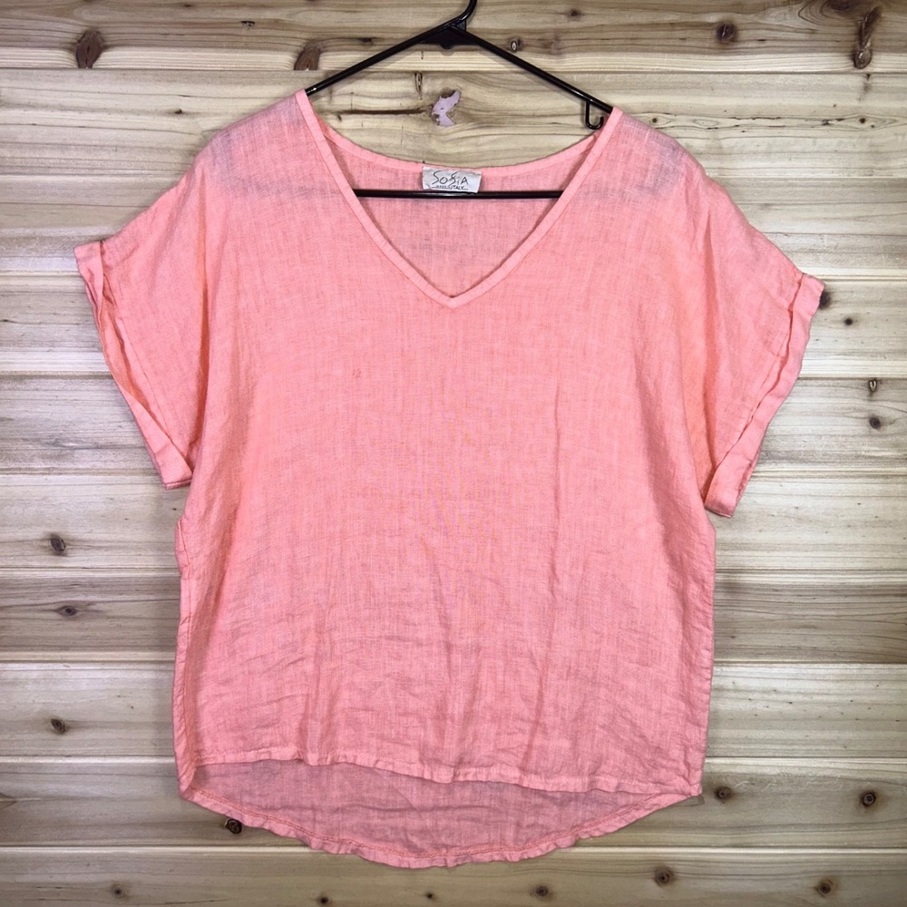 Sofia Made in Italy Blouse Womens Small Peach Linen V Neck Short Sleeve Shirt